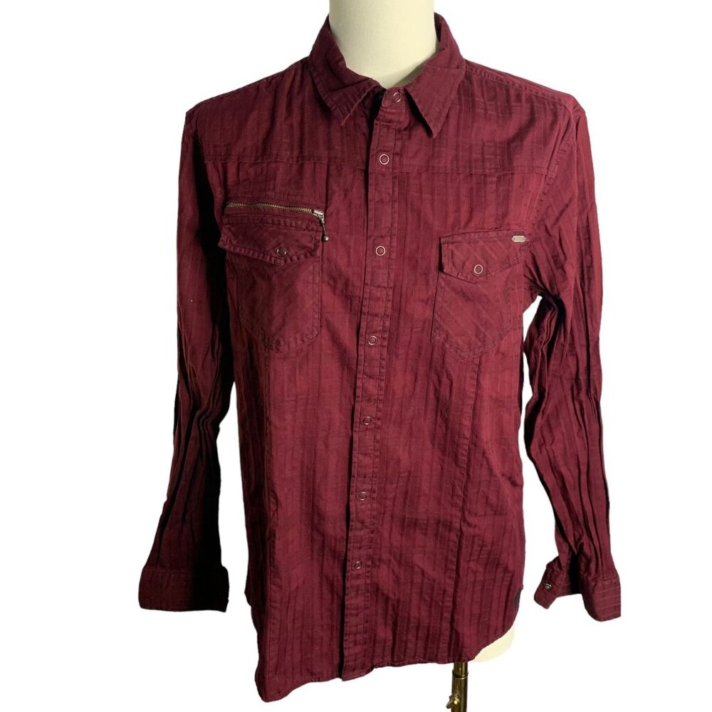 Guess Snap Front Textured Cotton Shirt L Maroon Red Long Sleeves Pockets Zip